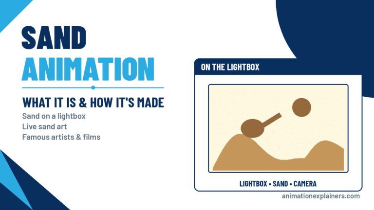 Sand animation on a lightbox with a hand shaping sand into a landscape